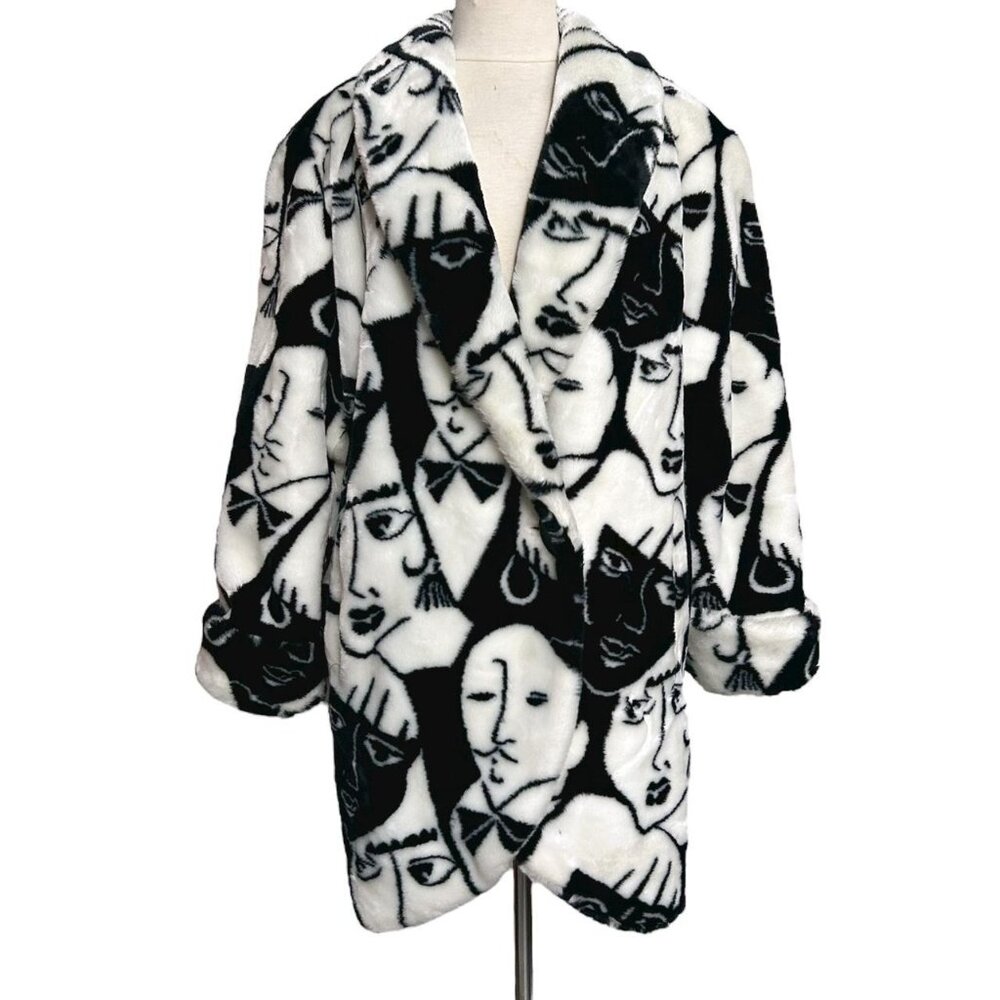 80s vintage Donnybrook Faces faux fur coat rihanna fake fur cartoon people